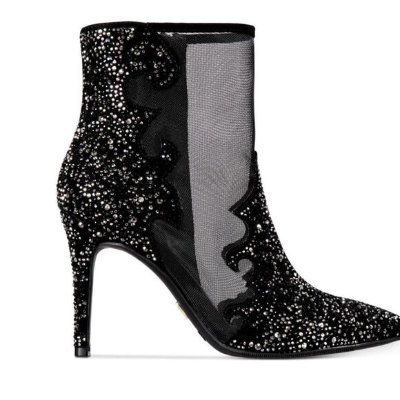 Express Black Sheer Mesh Panels Rhinestone Pointed Toe Stiletto Zip-Up Size 10 - Picture 2 of 15